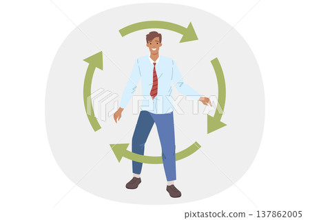 Businessman, rehabilitated after bankruptcy, steps through circle of green arrows 137862005