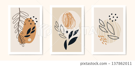 Set of botanical banners art with plants and abstract shapes vector Set of botanical banners art with plants and abstract shapes vector 137862011