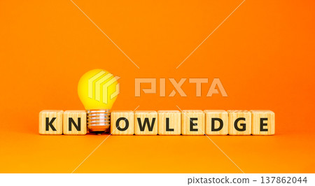 Knowledge symbol. Concept word Knowledge on beautiful wooden blocks. Beautiful orange background. Beautiful yellow light bulb. Business knowledge concept. Copy space. Knowledge symbol. Concept word Knowledge on beautiful wooden blocks. Beautiful orange background. Beautiful yellow light bulb. Business knowledge concept. Copy space. 137862044