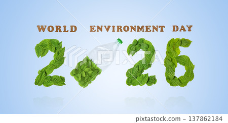 Beat plastic pollution. World Environment day concept. Happy Environment day, 05 June. Green leaves in shape of numbers 2026 and plastic bottle and green leaves on a blue background. Ecology concept. Beat plastic pollution. World Environment day concept. Happy Environment day, 05 June. Green leaves in shape of numbers 2026 and plastic bottle and green leaves on a blue background. Ecology concept. 137862184