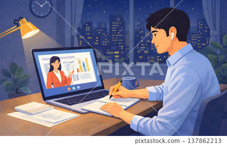 插圖描繪了一名男子正在參加線上講座的場景，展現了居家學習的畫面。 137862213