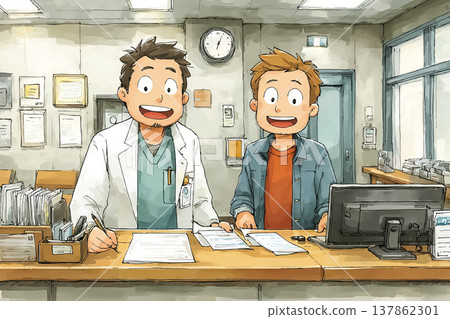 兩名在鎮診所工作的男性工作人員 | 他們在接待櫃檯工作的照片 137862301