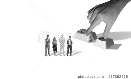 Hand pressing control X key removing selected person from group lineup in minimal monochrome scene. Hand pressing control X key removing selected person from group lineup in minimal monochrome scene. 137862316