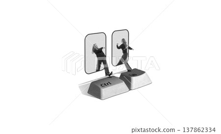 Woman switching between mirrored frames on control and tab keyboard keys symbolizing fragmented identity and emotional states. Woman switching between mirrored frames on control and tab keyboard keys symbolizing fragmented identity and emotional states. 137862334