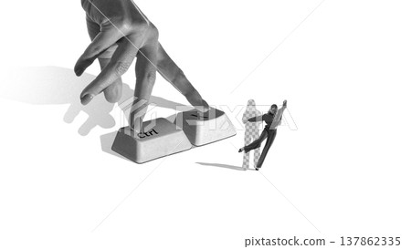 Hand pressing control key deleting human figure representing loss of control and emotional breakdown Hand pressing control key deleting human figure representing loss of control and emotional breakdown 137862335