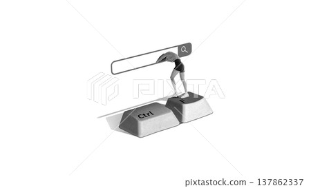 Woman entering search bar through keyboard keys representing search for answers and mental clarity. Woman entering search bar through keyboard keys representing search for answers and mental clarity. 137862337