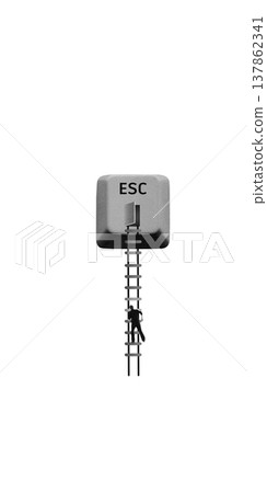 Escape key with ladder and miniature man climbing representing career growth and ambition. Escape key with ladder and miniature man climbing representing career growth and ambition. 137862341