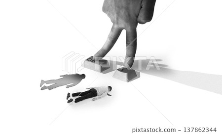 Giant hand pressing control key deleting miniature businessman representing job loss automation 137862344