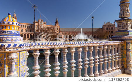 Ceramic bridge and Plaza de Espana in Seville under blue sky Spain 137862708