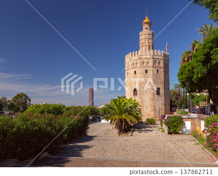 Torre del Oro in Seville under blue summer sky Andalusia Spain 137862711