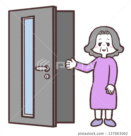 Illustration of senior women lined up in an open front door 137863002