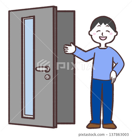 Illustration of men lined up in front of an open doorway Illustration of men lined up in front of an open doorway 137863003