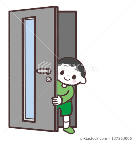 一幅男孩從前門向外窺視的插圖。 137863006