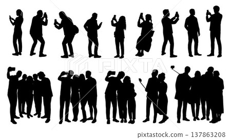 Man and woman taking selfie, taking photo with smartphone silhouette Man and woman taking selfie, taking photo with smartphone silhouette 137863208