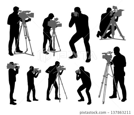 Cameraman filming, photographer shooting, video camera operator silhouette Cameraman filming, photographer shooting, video camera operator silhouette 137863211