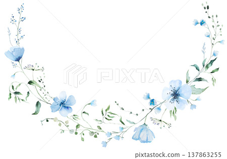 Floral bouquet with blue watercolor wildflowers and leaves, hand drawn wedding stationery illustration Floral bouquet with blue watercolor wildflowers and leaves, hand drawn wedding stationery illustration 137863255