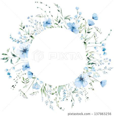 Round floral frame with blue watercolor wildflowers and leaves, hand drawn wedding illustration Round floral frame with blue watercolor wildflowers and leaves, hand drawn wedding illustration 137863256