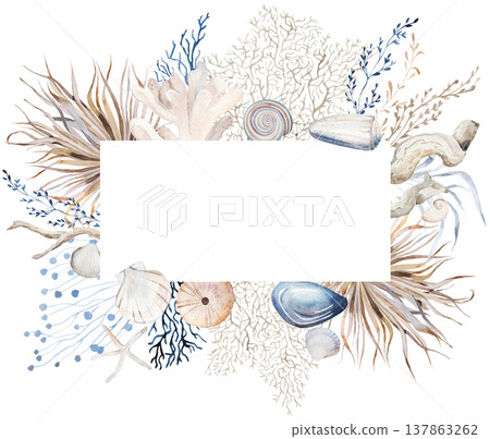 Frame with beige, blue and grey watercolor seashells, isolated illustration for coastal beach wedding 137863262