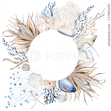 Watercolor round frame with seashells and dried palm leaves, boho wedding stationery illustration Watercolor round frame with seashells and dried palm leaves, boho wedding stationery illustration 137863263