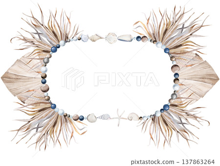 Watercolor oval frame with seashells and dried palm leaves, illustration for boho wedding stationery Watercolor oval frame with seashells and dried palm leaves, illustration for boho wedding stationery 137863264