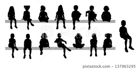 Boys and girls sitting, silhouettes of a children sitting on a bench	 137863295