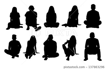 Men and women sat on the ground, seated people silhouette, people sitting	 137863296