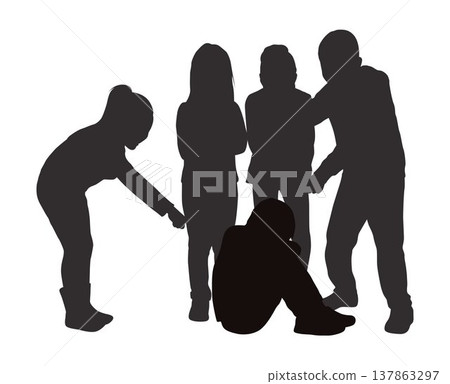 Boy suffering of classmate mockery, evil school children pointing fingers at a boy, mocking nerd 137863297