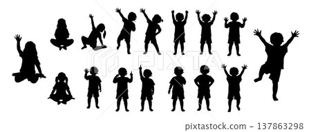 Happy kids silhouette, adorable little girl strikes different poses Happy kids silhouette, adorable little girl strikes different poses 137863298