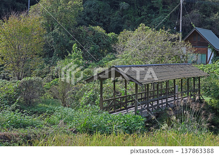 Tamaru Bridge, with its cedar bark roof, stands in the mountain village of Uchiko Town, Ehime Prefecture, a picturesque and idyllic scene in a lush, cobblestone district. Tamaru Bridge, with its cedar bark roof, stands in the mountain village of Uchiko Town, Ehime Prefecture, a picturesque and idyllic scene in a lush, cobblestone district. 137863388