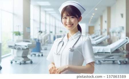 Smiling nurses | Bright medical scenes where hospital white coats and stethoscopes shine. Smiling nurses | Bright medical scenes where hospital white coats and stethoscopes shine. 137863389