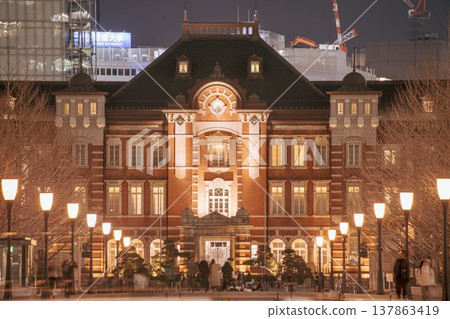 A night view of Tokyo Station from Gyoko-dori Street in Tokyo. A night view of Tokyo Station from Gyoko-dori Street in Tokyo. 137863419
