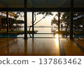 The sunset reflects on the water's surface at the infinity pool of a resort hotel. 137863462