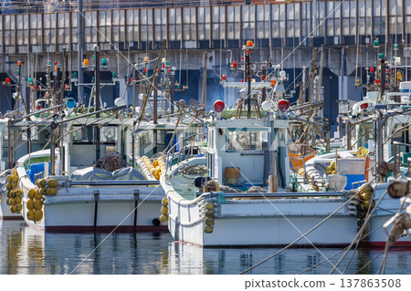 港口停泊著一群漁船的船尾 137863508