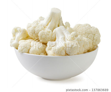Pieces of cauliflower in a plate close-up on a white. Isolated Pieces of cauliflower in a plate close-up on a white. Isolated 137863689