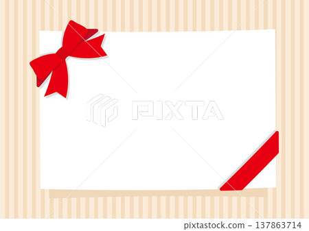 A message card-style frame with a red ribbon, against a beige background. A message card-style frame with a red ribbon, against a beige background. 137863714