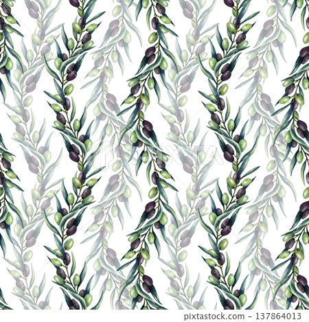 Watercolor olive branch wave seamless pattern. Green and dark olives, leaves, greenery. Repeat illustration isolated from background. Hand painted art for kitchen textile, oil, cosmetics packaging 137864013