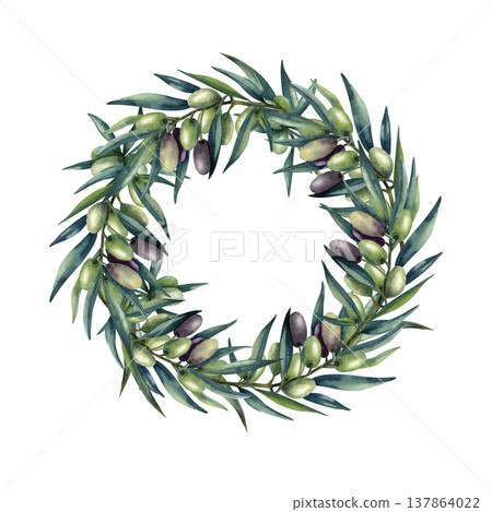 Watercolor olive wreath with copy space. Green olive fruits, lush greenery template. Elegant hand painted illustration isolated from background frame for packaging, branding, logo of oil, cosmetics Watercolor olive wreath with copy space. Green olive fruits, lush greenery template. Elegant hand painted illustration isolated from background frame for packaging, branding, logo of oil, cosmetics 137864022