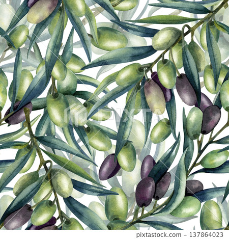 Watercolor green and dark olives seamless pattern. Lush leaves, greenery plant and branches. Healthy food, Mediterranean cuisine concept. Illustration isolated from background for your design 137864023