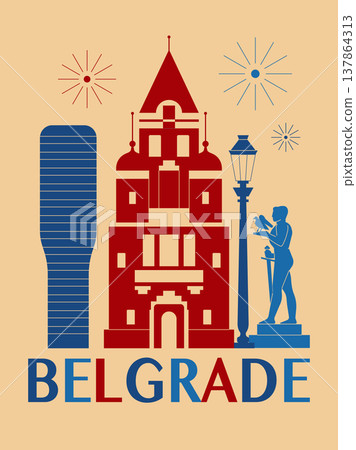 Belgrade Travel Card with Outline Silhouettes Belgrade Travel Card with Outline Silhouettes 137864313