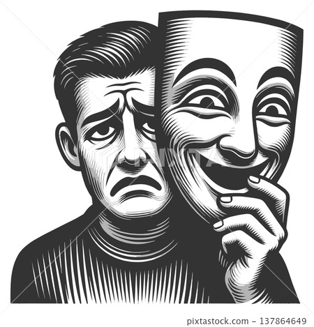 Man Holding Smiling Mask Hiding Sadness raster Man Holding Smiling Mask Hiding Sadness raster 137864649