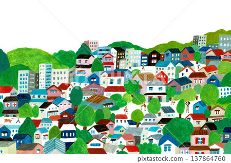 Colorful and heartwarming hand-drawn streetscapes and depictions of people's lives (copy space available) 137864760