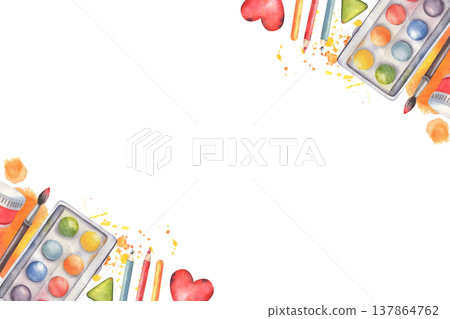 Hand-painted watercolor horizontal frame, paints, pencils, eraser, stains, brush, drawn heart, isolated on white. Perfect for kids posters, education art materials, school designs, invitations, decor 137864762