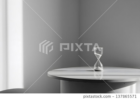 An hourglass rests on a table, with sand flowing down to measure time 137865571