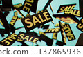 Sales Frenzy: Floating Sale Signs Create a Dynamic, Busy Retail Scene with Excitement and Energy 137865936