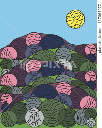 Oriental Japanese style vector abstract illustration, background in Asian traditional style, wavy shapes and mountains terrain. Circle shapes. Yellow sun. Oriental Japanese style vector abstract illustration, background in Asian traditional style, wavy shapes and mountains terrain. Circle shapes. Yellow sun. 137865977