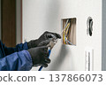 Electrical wiring work: The specialized manual work of an electrician, who processes electrical wires with wire cutters. 137866073