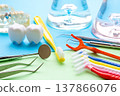 Image of preventive dentistry and oral care products: toothbrushes, interdental brushes, and dental instruments. 137866076