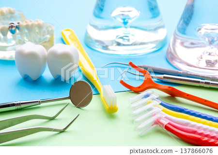 Image of preventive dentistry and oral care products: toothbrushes, interdental brushes, and dental instruments. Image of preventive dentistry and oral care products: toothbrushes, interdental brushes, and dental instruments. 137866076