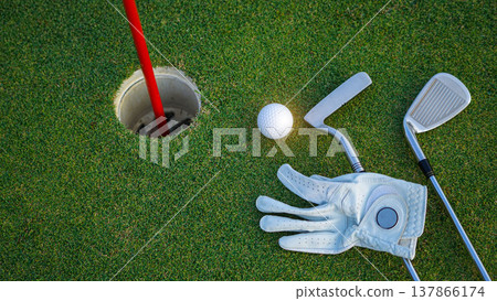 Close up of golf equipment on green grass. Close up of golf equipment on green grass. 137866174