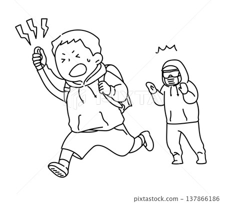 Elementary school boy running away after sounding his personal alarm (line drawing) Elementary school boy running away after sounding his personal alarm (line drawing) 137866186
